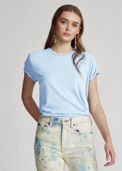 Playeras Polo Ralph Lauren Mujer Azules - Linen Crewneck - DRTAU0385